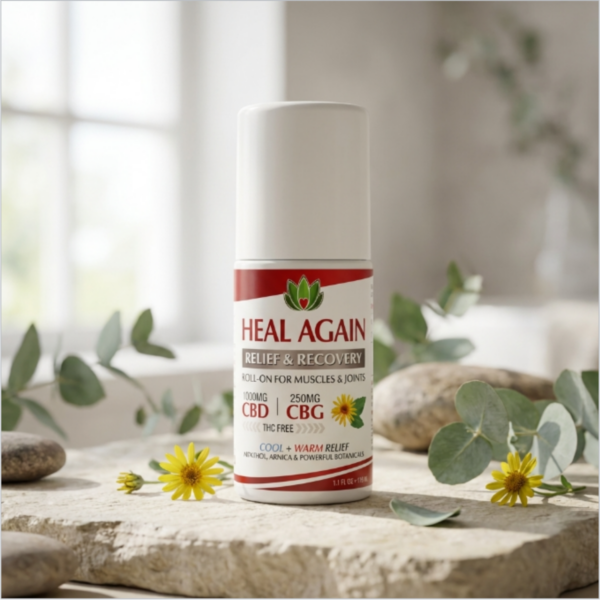 Heal Again muscle relief roll-on 1.18 fl oz with 1000 mg CBD and 250 mg CBG