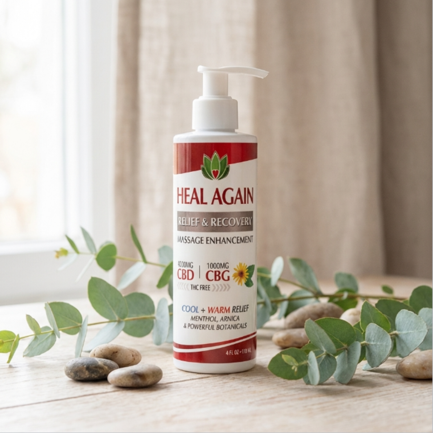 Heal Again Muscle and Joint Relief 4 oz pump with 4000 mg CBD and 1000 mg CBG