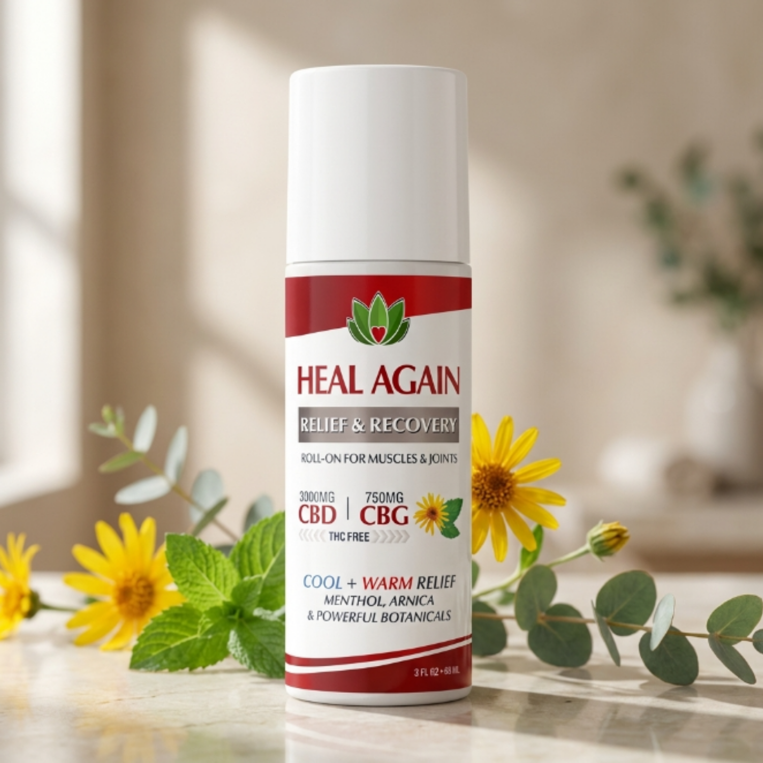 Heal Again muscle relief roll-on 3 fl oz with 3000 mg CBD and 750 mg CBG