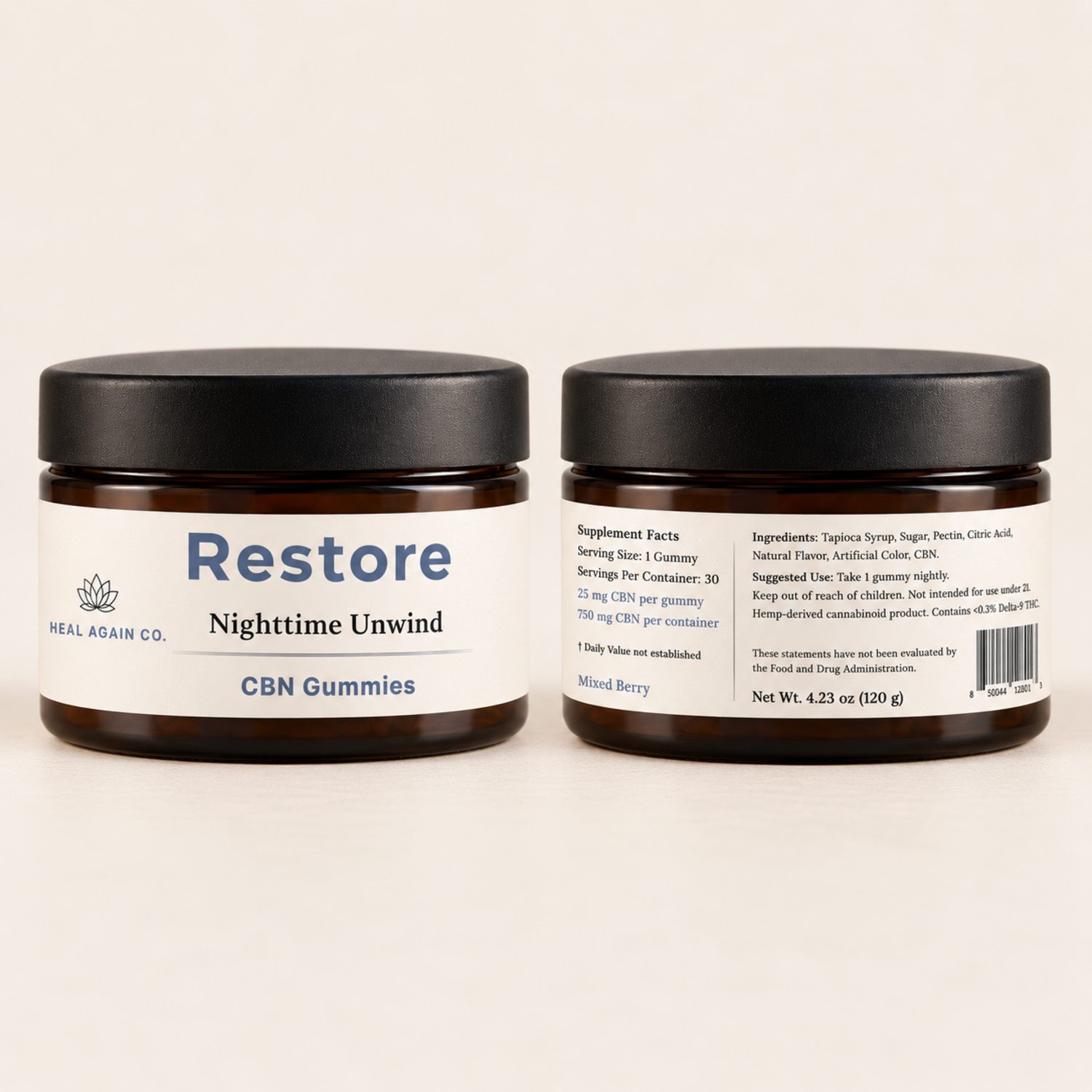 Front and back views of Heal Again Co. Restore CBN Gummies jar, showing the product label, ingredients, and 25 mg CBN per gummy.