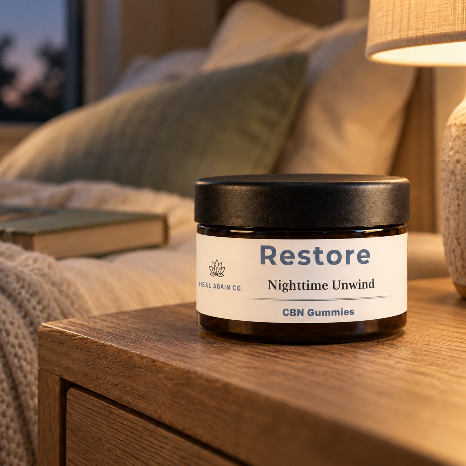 Restore CBN Gummies amber jar on a wooden bedside table beside a warm lamp, with neutral bedding in the background.