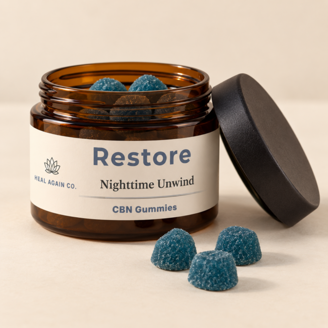 Open Heal Again Co. Restore CBN Gummies jar with blue sugar-coated gummies and a black lid beside it.