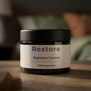 Close-up detail of a 30-count jar of premium botanical Restore CBN sleep gummies by Heal Again Co., independently tested for absolute evening stillness.