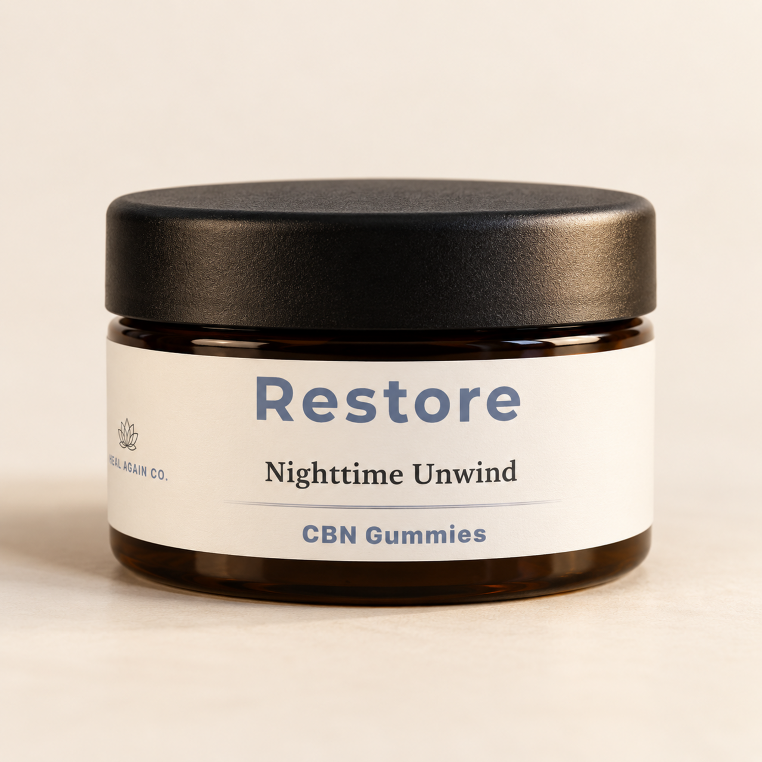 Heal Again Co. Restore CBN Gummies 10-count amber jar with a black lid and cream label.