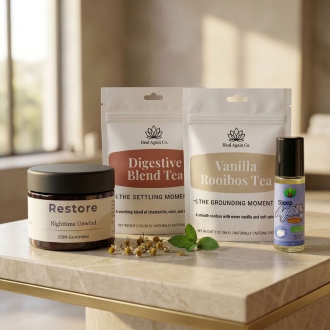 The Nightfall Collection by Heal Again Co. with Vanilla Rooibos Tea, Digestive Blend Tea, 30-count Restore CBN Gummies, and Sleep Again Nighttime Oil Roll-On.