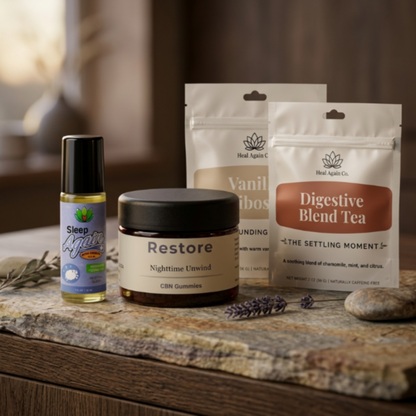 The complete Nightfall Collection by Heal Again Co. featuring Restore CBN Gummies, Sleep Again Nighttime Oil, and premium evening herbal teas for deep nighttime grounding.