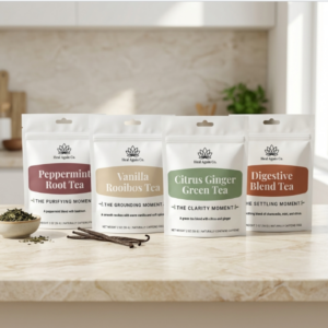 The front view of The Four Moment loose-leaf herbal tea bundle by Heal Again Co. featuring four white pouches lined up on a bright marble kitchen counter: Peppermint Root Tea, Vanilla Rooibos Tea, Citrus Ginger Green Tea, and Digestive Blend Tea, styled with vanilla bean pods and a small bowl of loose tea leaves.