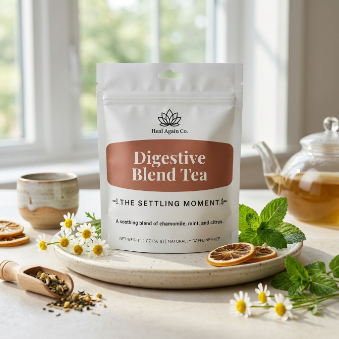 Digestive Blend Tea by Heal Again Co. with fennel, peppermint, ginger, chamomile, lemon balm, and orange peel