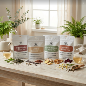 Heal Again Co Four Moment Tea Bundle with four loose-leaf herbal teas for Clarity Steady Grounding and Purifying Moments
