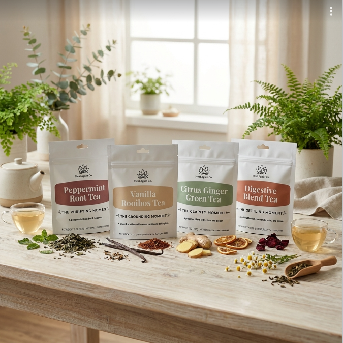 Heal Again Co Four Moment Tea Bundle with four loose-leaf herbal teas for Clarity Steady Grounding and Purifying Moments