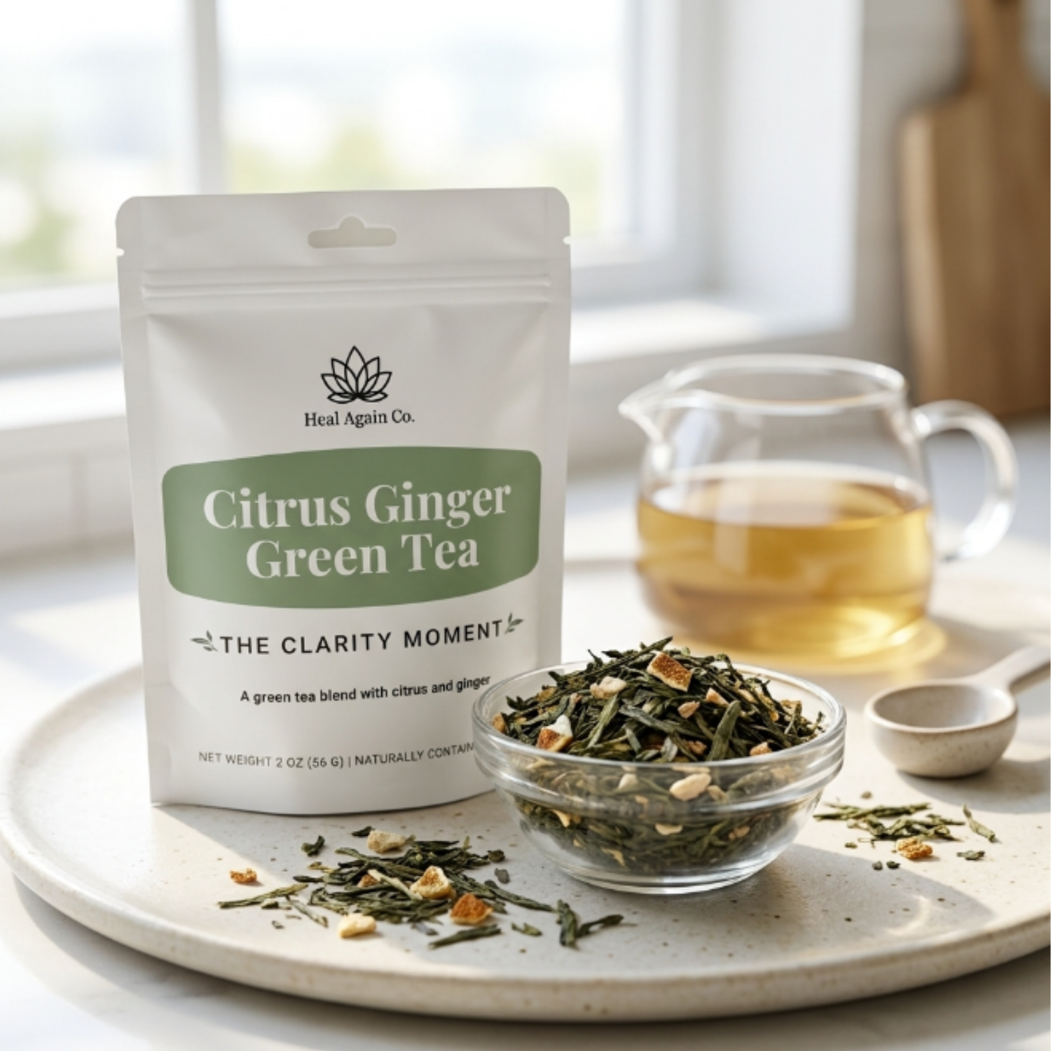 Heal Again Co. Citrus Ginger Green Tea loose-leaf citrus ginger green tea with sencha orange peel lemongrass tulsi and ginger root