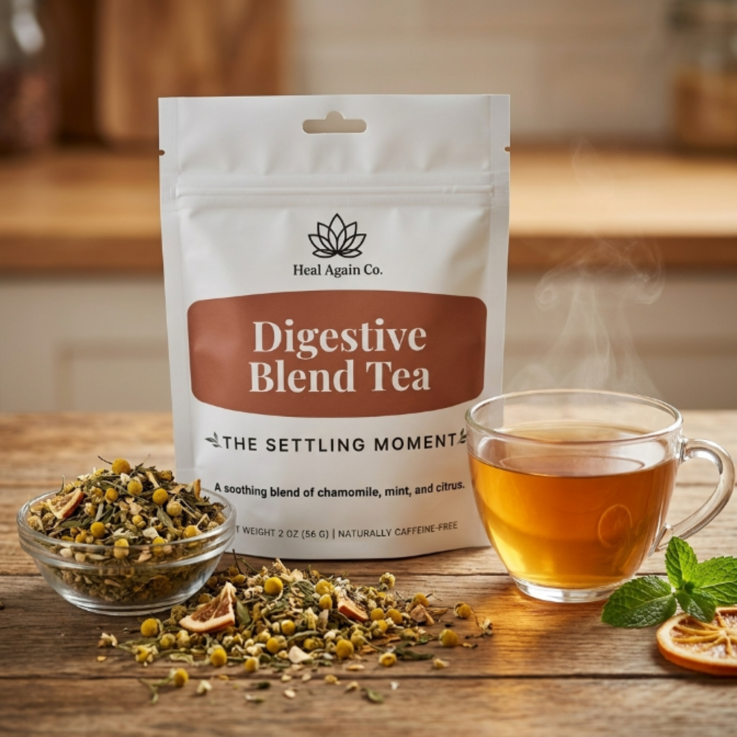 Digestive Blend Tea by Heal Again Co. with fennel, peppermint, ginger, chamomile, lemon balm, and orange peel