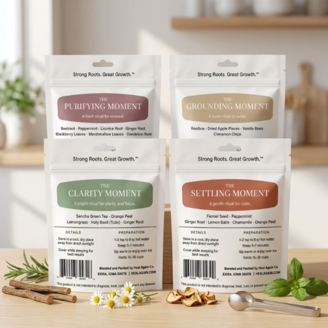 The Four Moment loose-leaf herbal tea bundle by Heal Again Co. featuring four white pouches—Purifying, Grounding, Clarity, and Settling—displayed on a sunny wooden kitchen counter with raw botanicals, cinnamon sticks, and a metal tea infuser.