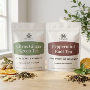 Heal Again Co. Clarity Tea Bundle featuring Citrus Ginger Green and Peppermint Root teas for the Clarity Ritual.