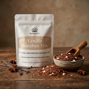 Close-up of Vanilla Rooibos grounding nighttime tea by Heal Again Co., alongside a wooden spoon showcasing raw rooibos, apple, and vanilla bean.
