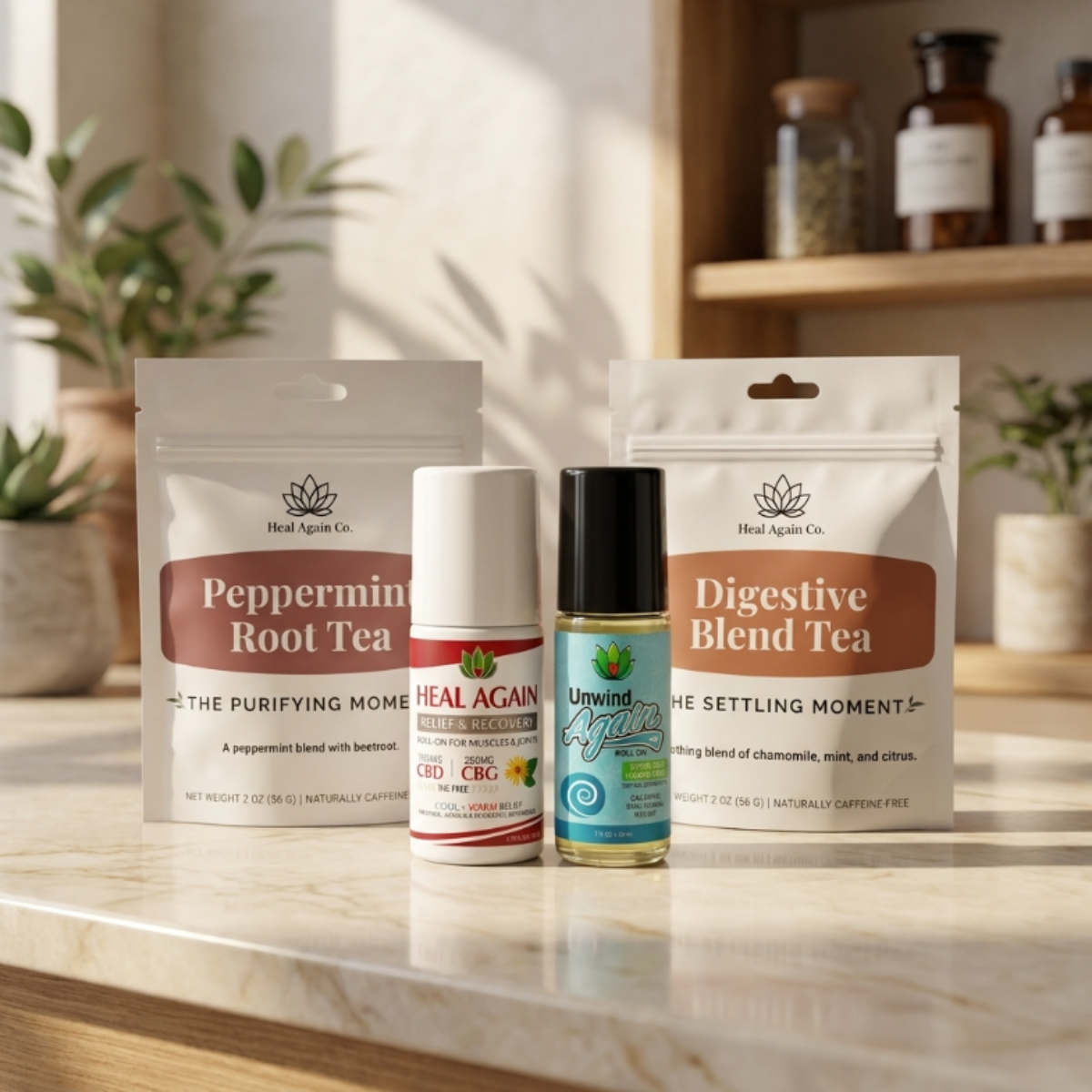The Comfort Collection. Heal Again Co Comfort Collection bundle with Muscle Relief Roll-On Unwind Again Relaxation Oil Roll-On Digestive Blend Tea and Peppermint Root Tea