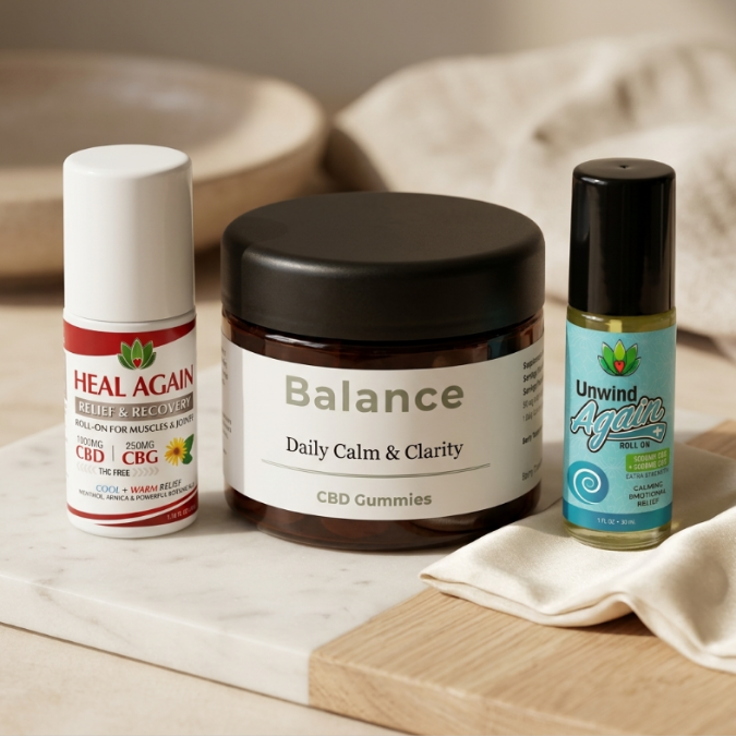 The Comfort Collection by Heal Again Co. featuring our Muscle and Joint Relief Topical and Peppermint Root Tea for mid-day physical decompression.