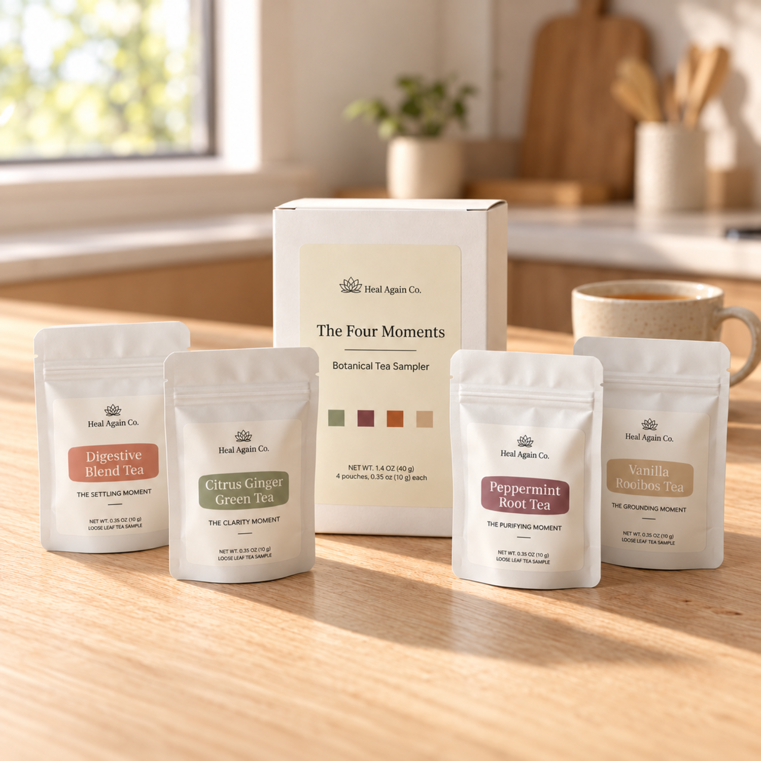 Heal Again Co. Four Moments Botanical Tea Sampler box with four loose leaf tea sample pouches on a clean kitchen counter.