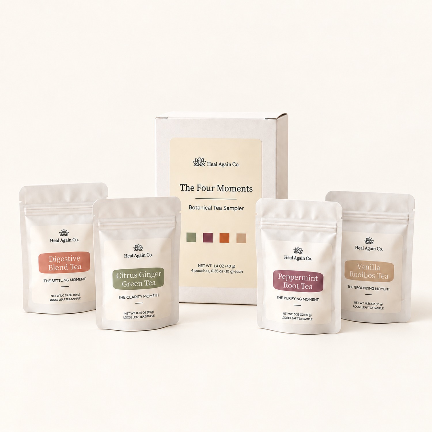 Heal again Botanical Tea sample box and pouches on a clean surface.